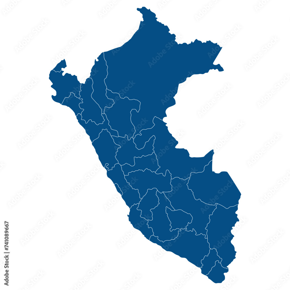 Peru map. Map of Peru in administrative provinces in blue color
