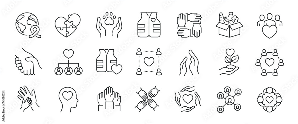 Volunteer minimal thin line icons. Related charity, awareness, donate. Editable stroke. Vector illustration.