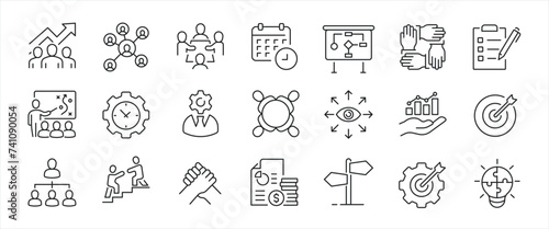 Management minimal thin line icons. Related teamwork, employemnt, planning, monitoring. Editable stroke. Vector illustration.