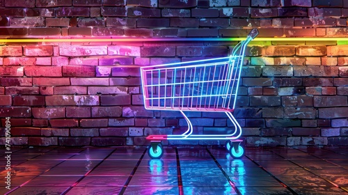 Shopping trolley in trendy neon light. Concept art. Minimalism