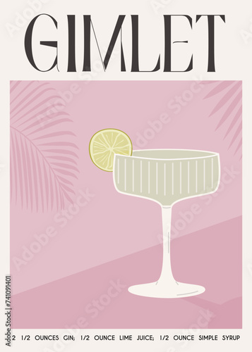 Gimlet Classic Cocktail garnish with lime slice. Classic alcoholic beverage recipe wall art print. Summer aperitif poster in muted color. Minimalist alcoholic drink placard. Vector flat illustration.