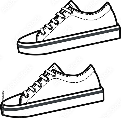 Children's shoe design technical drawing. Sneaker outline drawing vector, Sneakers drawn in a sketch style, black line sneaker template, vector Illustration.