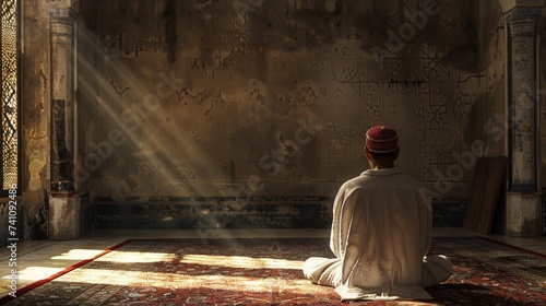 Quiet Contemplation, A Worshipper's Peaceful Dawn in Historic Mosque