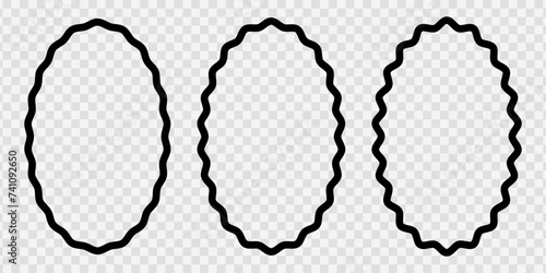 Set of oval photo or picture frames with wiggly borders. Vignette shapes with squiggly, wavy, undulated, serrated borders isolated on white background. Vector graphic illustration.