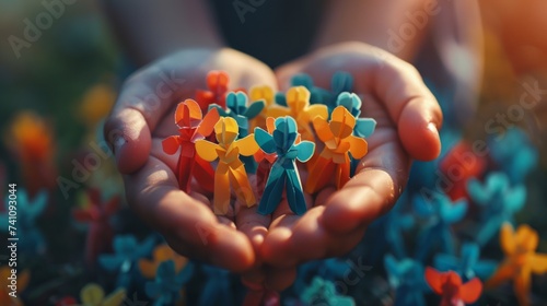 Harmony in Diversity, Hands Tenderly Holding Colorful Symbols of Unity