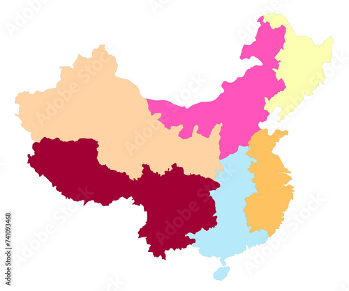 China map. Map of China in eight main regions in multicolor