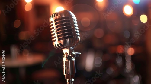 microphone on a bar stage with bokeh lights in the background in high resolution and high quality. microphones concept