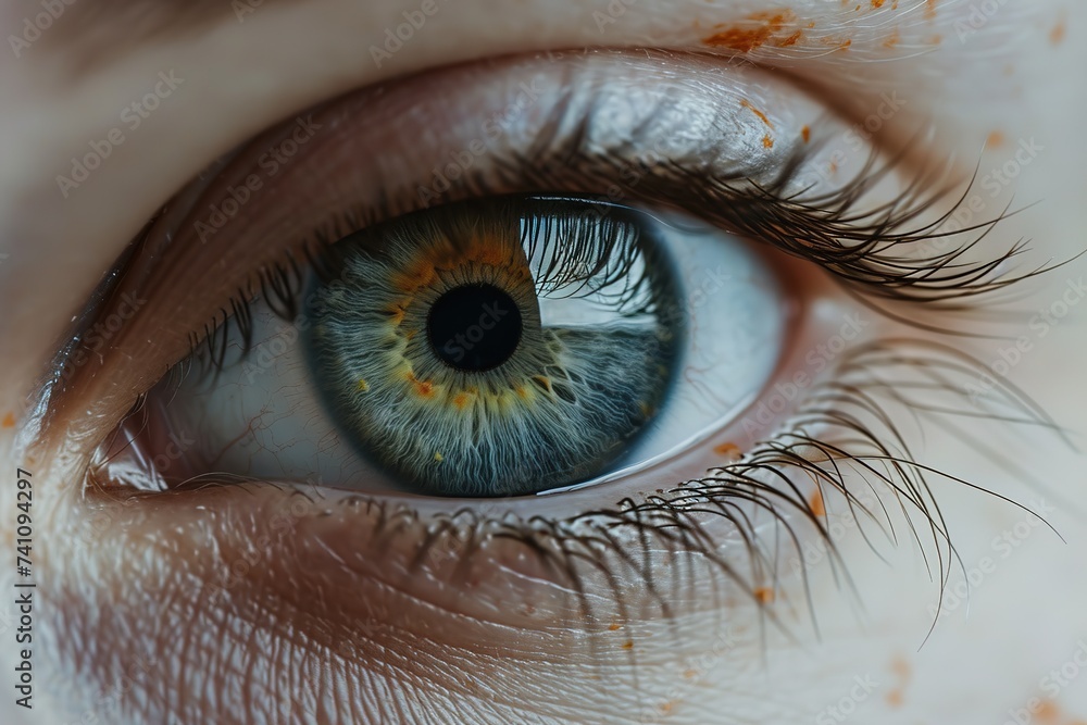 A Close Up Of A Person 's Blue Eye With A Yellow Pupil - obrazy, fototapety, plakaty 