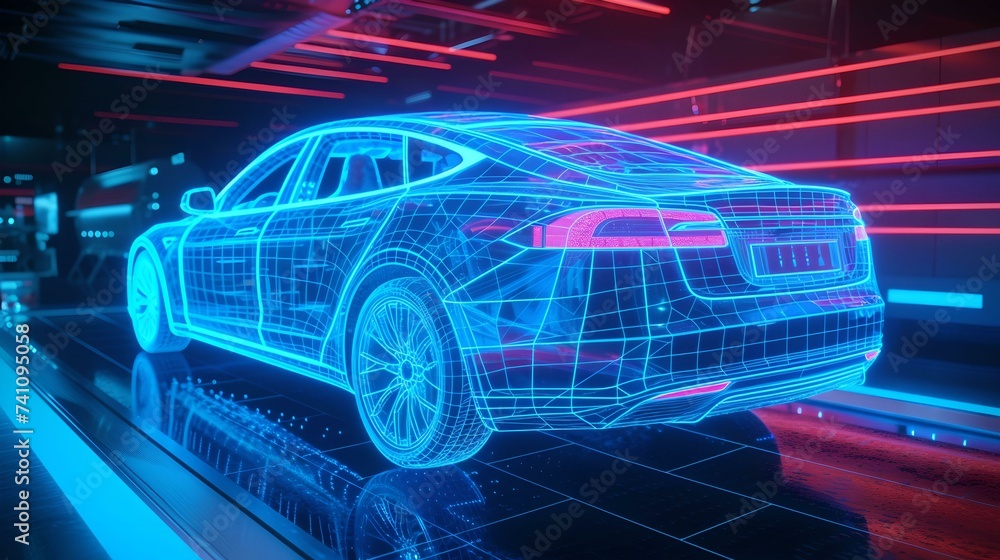 Immersive Holographic Self-Driving Car, wireframe, autonomous, smart mobility, future Immersive Holographic Self-Driving Car, wireframe, autonomous, smart mobility, future