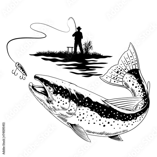Fisherman Catch the Big Trout Fish in Black and White