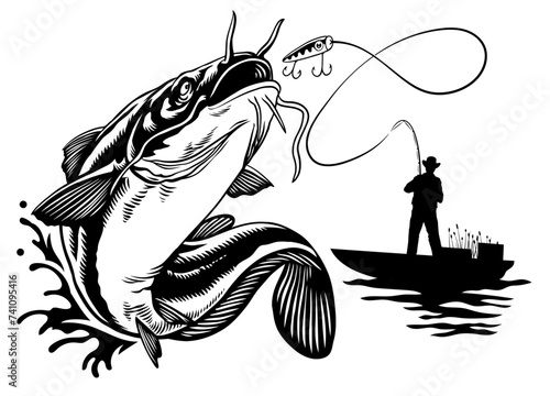 Fisherman Catching Big Catfish in Black and White Style photo