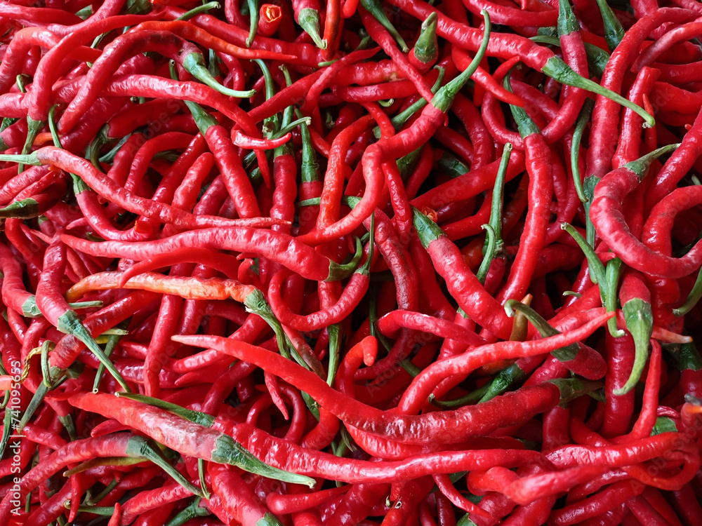 Fresh red chilies at the local traditional market. concept for spicy cuisine, manufacturer of hot sauces and seasonings. Fresh red chilies at the local traditional market. concept for spicy cuisine, manufacturer of hot sauces and seasonings.