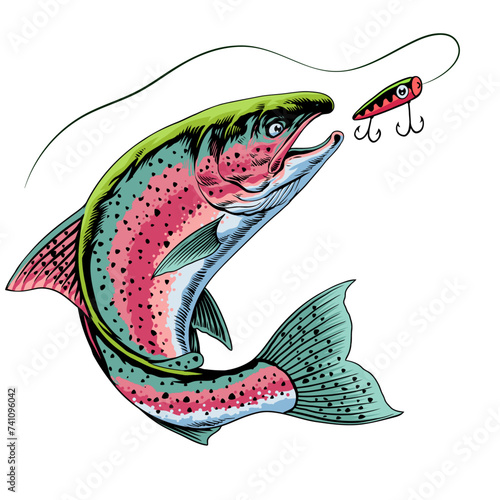 Rainbow Trout Jumping Out Water Catching Fishing Lure