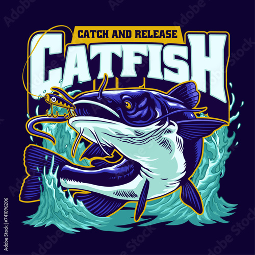 Shirt Design of Fishing Catfish Illustration Vintage