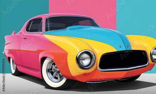 Retro futuristic car in vibrant pop art colors  AI illustration extra wide banner.