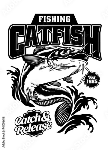 Vintage Shirt Design of Fishing Big Catfish Illustration