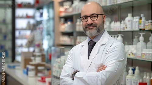 Senior male pharmacist in modern pharmacy, glasses, blurred background, space for text. © Ilja