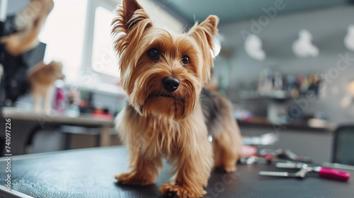 Cute dog and groomers with tools in salon. Generative Ai