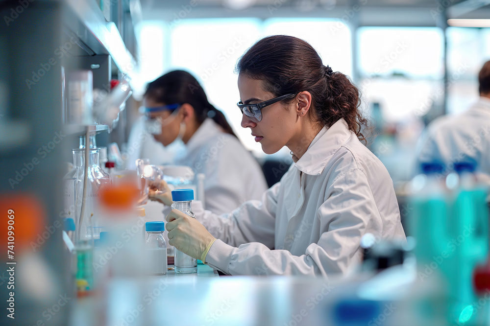 A team of individuals in white lab coats and safety goggles conducting experiments and analyzing data in a scientific laboratory setting. A team of individuals in white lab coats and safety goggles conducting experiments and analyzing data in a scientific laboratory setting.
