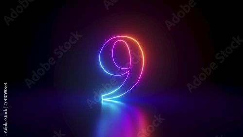 3d animation. Virtual animated countdown. Neon linear numbers from 10 to 1 slide back and disappear in the dark photo