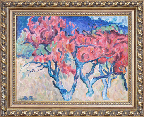 Oil painting flowering trees. Fine art landscape in frame. Picture of a mysterious trees.