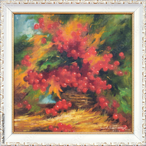 Oil painting autumn bouquet with red berries in frame. Painting still life.