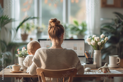 Focused Mother Balancing Work and Childcare