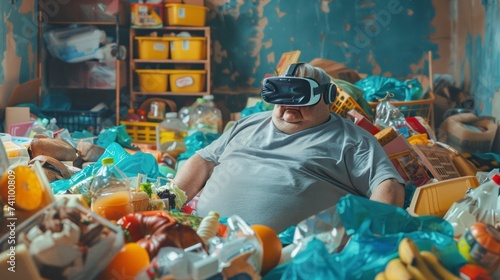 obese man full of waste with virtual reality glasses in his room photo