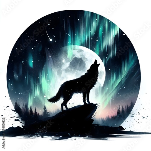 Silhouette of a lone wolf howling at the moon. 