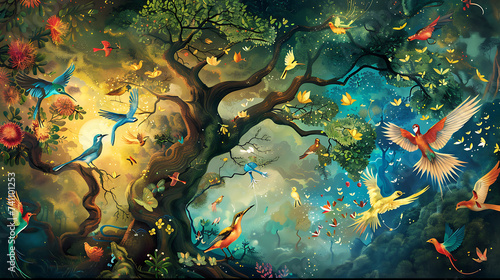 An artistic desktop wallpaper depicting a whimsical fantasy world filled with enchanting creatures and magical landscapes