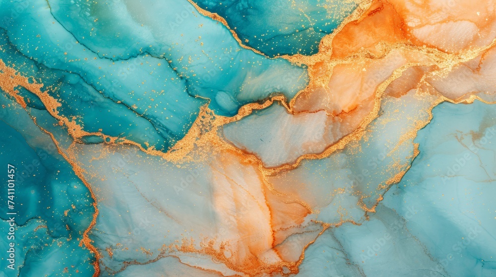 Luxurious blue, orange, and gold marble ink abstract art background in alcohol ink technique