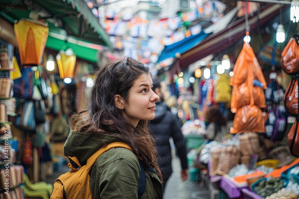 Woman Standing in Front of a Market Filled With Goods Woman Standing in Front of a Market Filled With Goods
