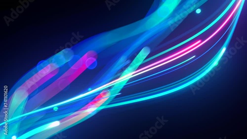 looping 3d animation. Abstract pink blue neon background with unfocussed glowing wavy lines and bokeh lights. Equalizer sound wave chart photo