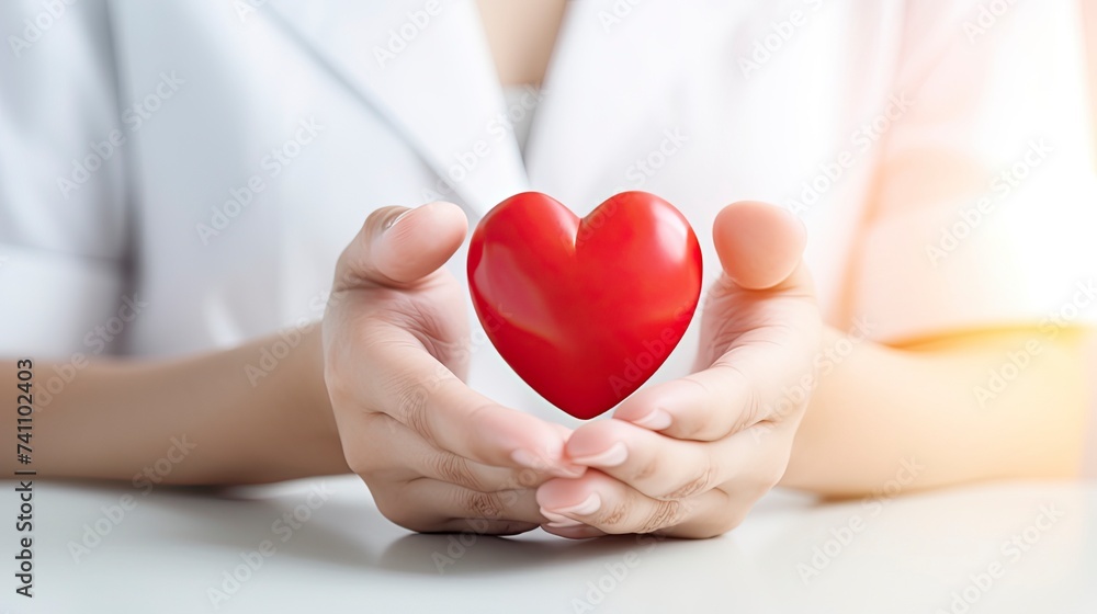 Woman doctor hands holding red heart on wide white background donate for hospital care concept. Panoramic world heart day and world health day, CSR community. copy space - generative ai Woman doctor hands holding red heart on wide white background donate for hospital care concept. Panoramic world heart day and world health day, CSR community. copy space - generative ai