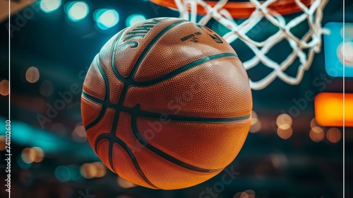 Dynamic close up of basketball dunk, showcasing player s athleticism and power in action. © Ilja
