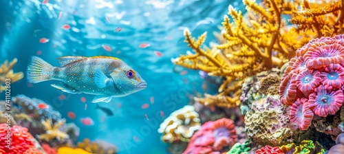 Clown goby fish swimming among colorful corals in a saltwater aquarium environment photo
