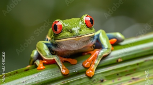 Vivid red eyed amazon tree frog on lush palm leaf in tropical rainforest habitat.