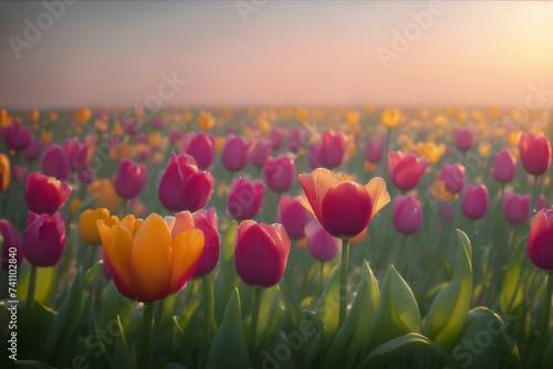 Beautiful background . Amazing view of pink tulip flowers blooming in field