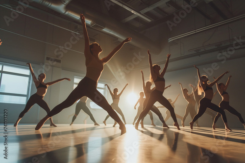 Contemporary Dance in a Studio, modern dance by a group of elegant women choreographed against the backlighting of windows photo