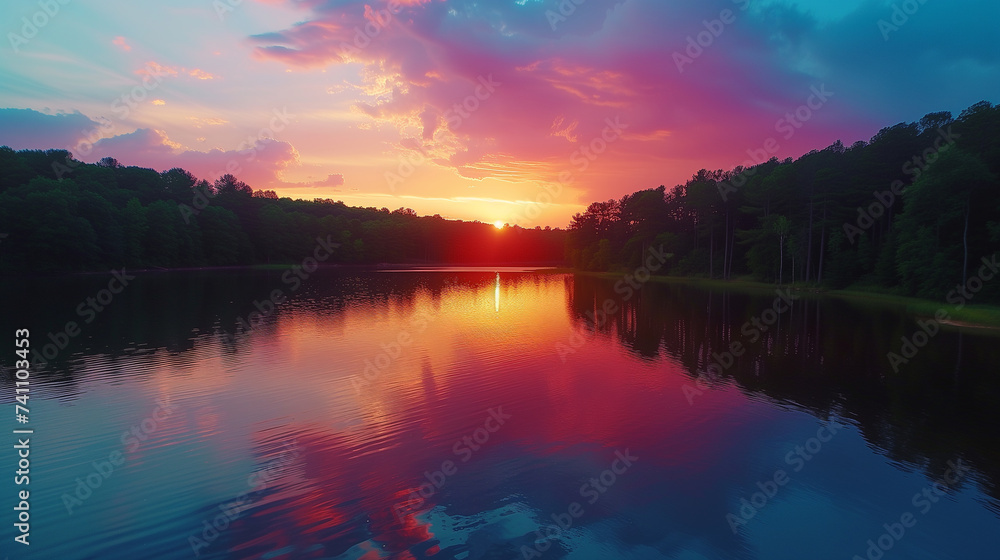 A breathtaking sunset paints the sky with vivid colors above a tranquil forest lake, reflecting the beauty of the evening.