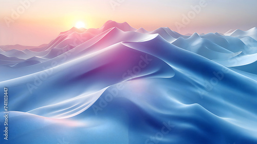 3d render of abstract art 3d background with surreal landscape with curve wavy round sand dunes in magenta purple blue gradient color with clean blue sky on the back