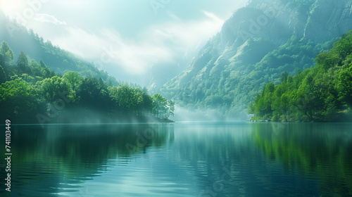 Digital detox  Tranquil green forest reflecting on a calm lake with rays of sunlight piercing through the mist.