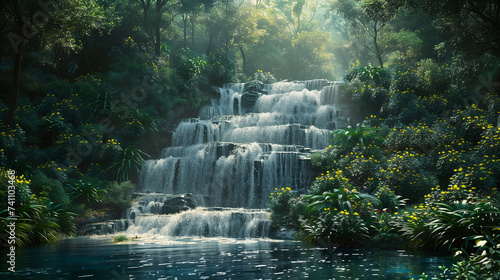 Within the enchanted forest  magical sun rays cascade through the lush canopy  illuminating a serene waterfall and adding to the mystical ambiance.