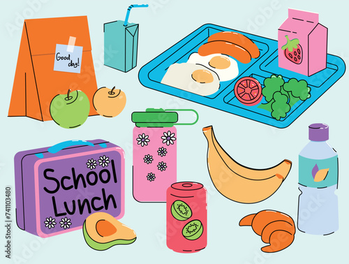 Vector illustration of school lunch setup. lunch box, container, tray with assorted meals, paper bag. Sandwich, fruits, milk, juice, soda. Isolated elements for design templates, healthy food concept