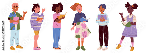 Adorable kids singing in unison, forming a diverse choir from a music school. Flat vector illustrations of talented boys and girls showcasing their vocal skills, isolated on a white background