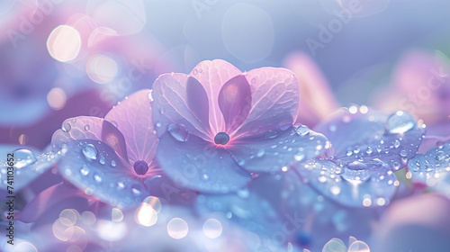 Blooming hydrangea flowers with drops of water closeup background Summer wallpaper