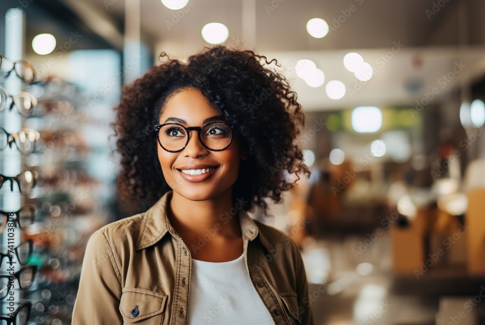 AfricanAmerican woman is seen in an optical store trying on eyeglasses