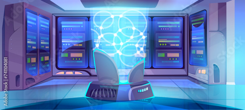 Cartoon-style vector depiction of a futuristic data center interior with server hardware and hologram. Illustrating concepts of big data technology, cloud information base, artificial intelligence