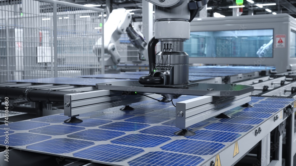 Heavy Machinery In Cutting Edge Solar Panel Factory Maneuvering
