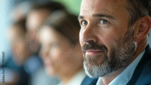 Closeup Portrait of an executive coach at a business leadership forum, exuding authority, professional photography.